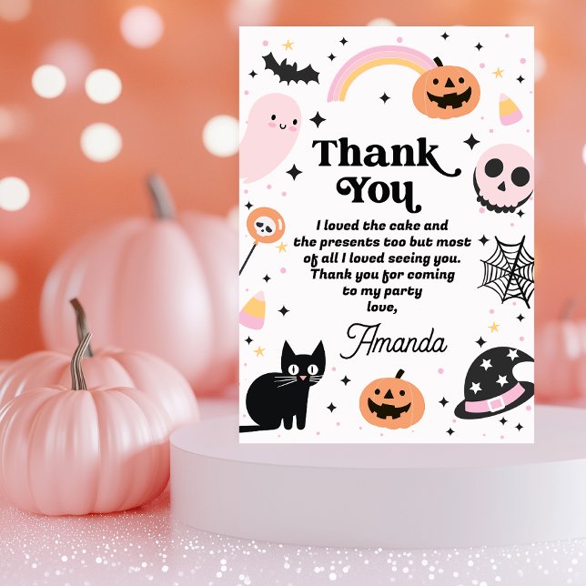 Tarjeta De Agradecimiento Cumpleaños de Halloween Negro Rosa Retro (Retro Halloween Birthday Thank You Card, Girls Boo Halloween Birthday Party Thank You Card, Pink )