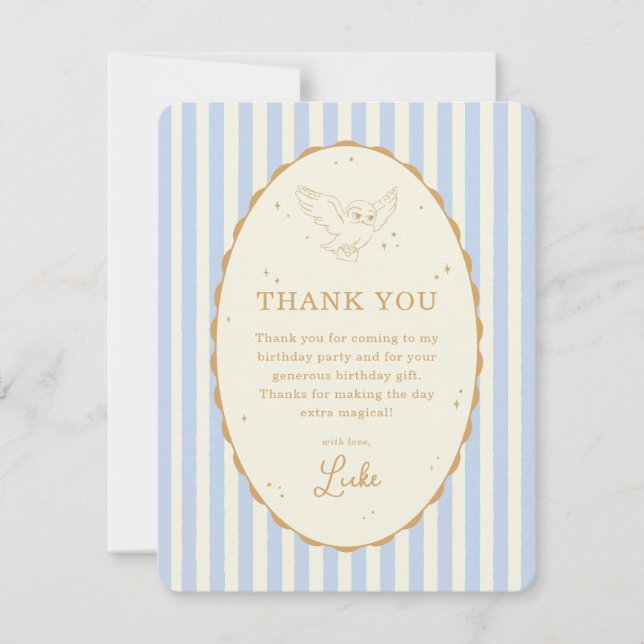Tarjeta De Agradecimiento Cumpleaños de Harry Potter Hedwig Franja Azul (Anverso)