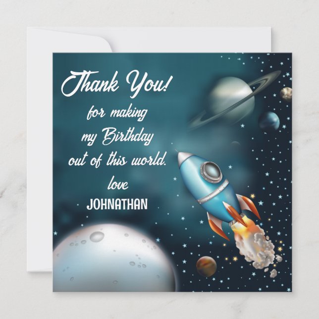 Tarjeta De Agradecimiento Cumpleaños de la aventura espacial Rocketship (Anverso)