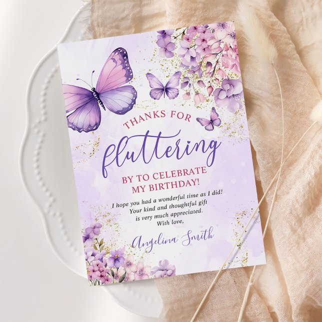 Tarjeta De Agradecimiento Cumpleaños de la mariposa floral morada y dorada (Subido por el creador)