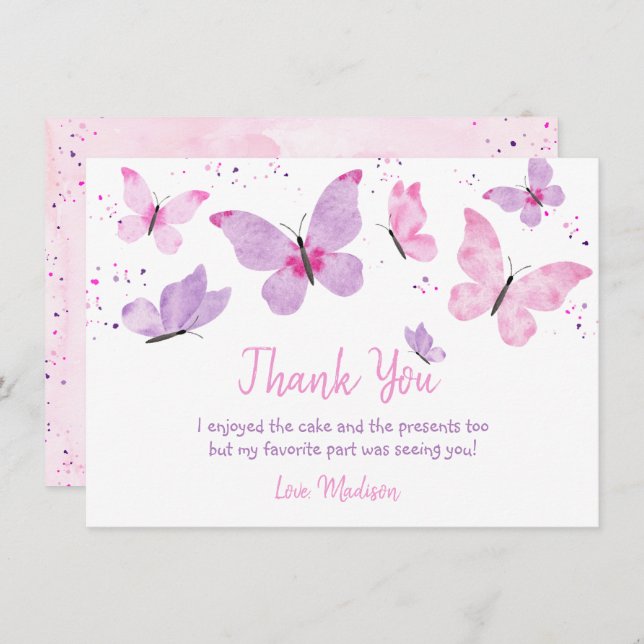 Tarjeta De Agradecimiento Cumpleaños de la mariposa púrpura rosa (Anverso / Reverso)
