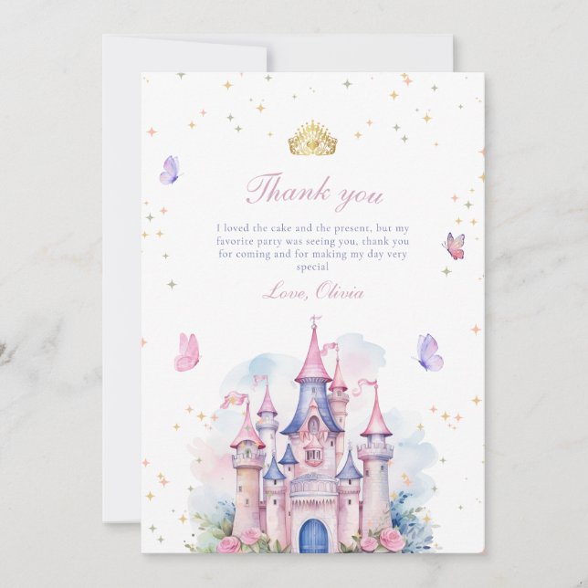 Tarjeta De Agradecimiento Cumpleaños de la niña del castillo de princesas, F (Anverso)