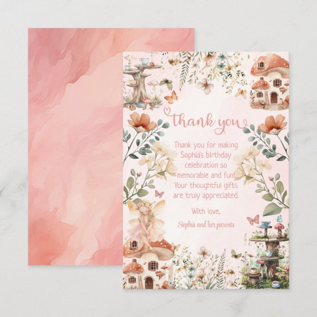 Tarjeta De Agradecimiento Cumpleaños de la niña del hongo del jardín encanta (Anverso / Reverso)
