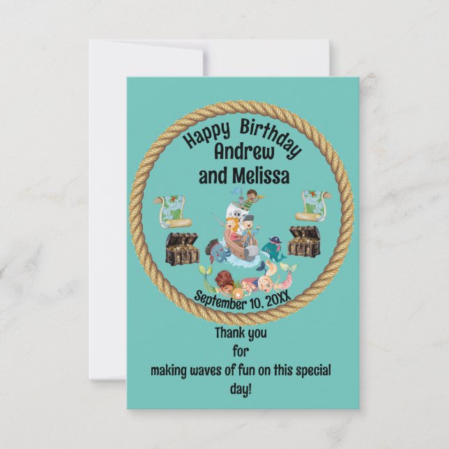 Tarjeta De Agradecimiento Cumpleaños de la Pirata y la Sirena para los niños (Anverso)