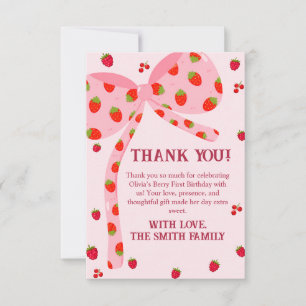 Tarjeta De Agradecimiento Cumpleaños de la primera fresa con lazo rosa