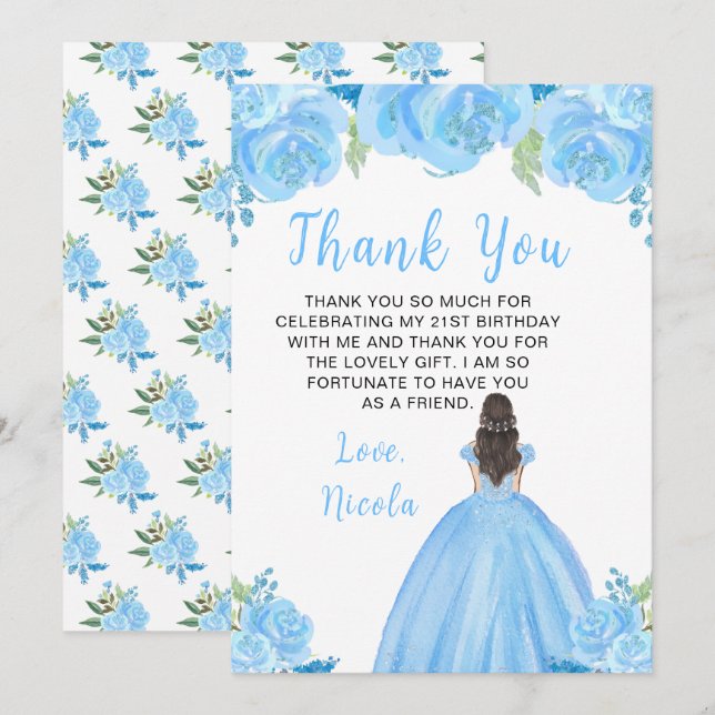 Tarjeta De Agradecimiento Cumpleaños de la Princesa de Cabello Castaño con F (Anverso / Reverso)