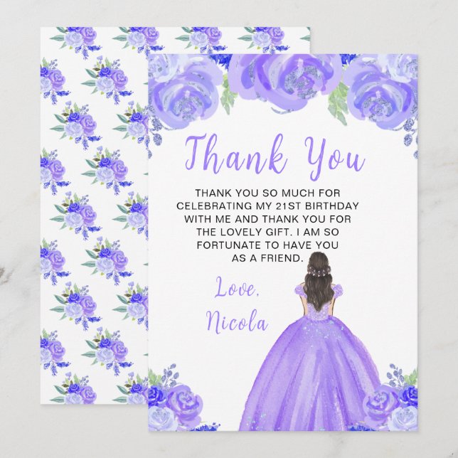 Tarjeta De Agradecimiento Cumpleaños de la Princesa de Cabello Castaño con F (Anverso / Reverso)