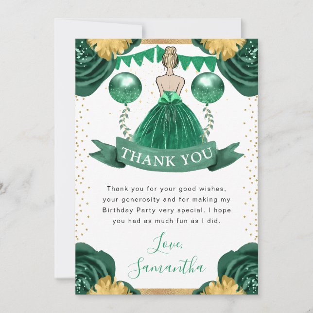 Tarjeta De Agradecimiento Cumpleaños de la princesa rubia de vestido verde (Anverso)