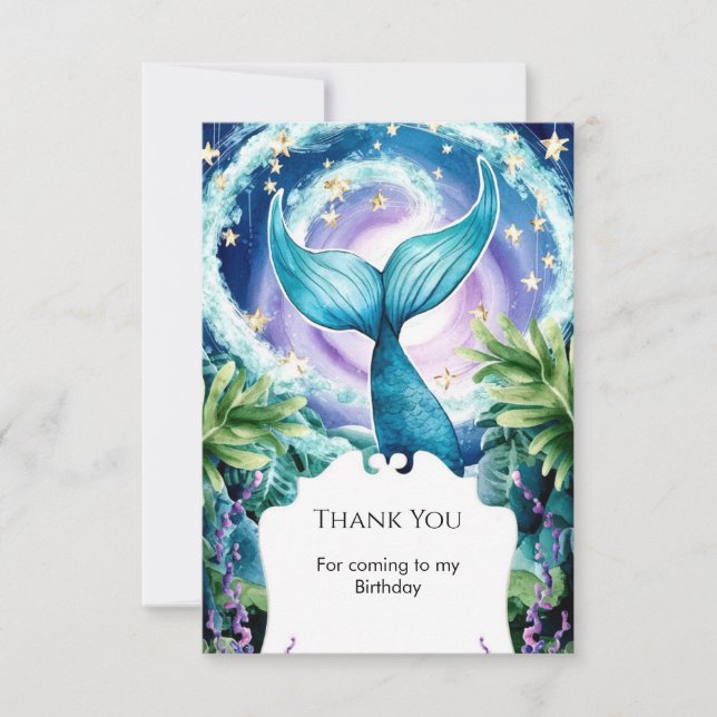 Tarjeta De Agradecimiento Cumpleaños de la Sirenita Marina Whimsical (Anverso)