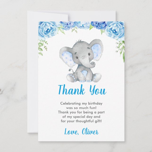 Tarjeta De Agradecimiento Cumpleaños de Little Peanut Niño Elefante Azul (Anverso)