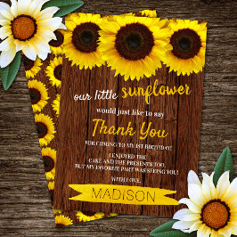 Tarjeta De Agradecimiento Cumpleaños de Little Sunflower Rustic Wood