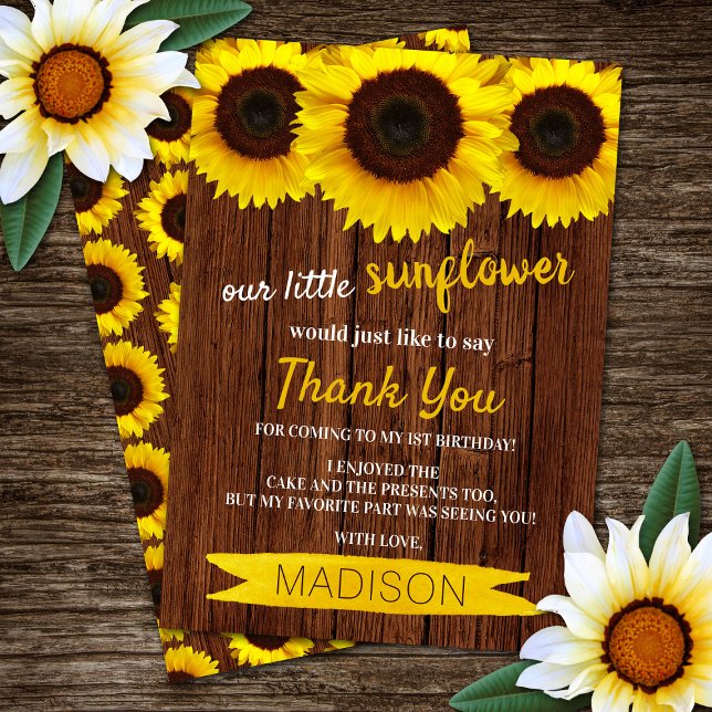 Tarjeta De Agradecimiento Cumpleaños de Little Sunflower Rustic Wood (Subido por el creador)