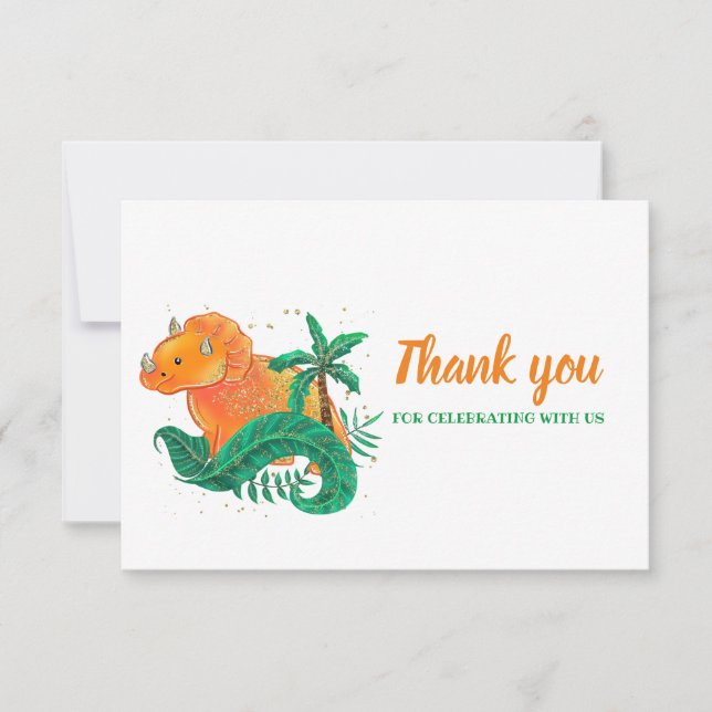 Tarjeta De Agradecimiento Cumpleaños de los dinosaurios | Naranja Triceratop (Anverso)
