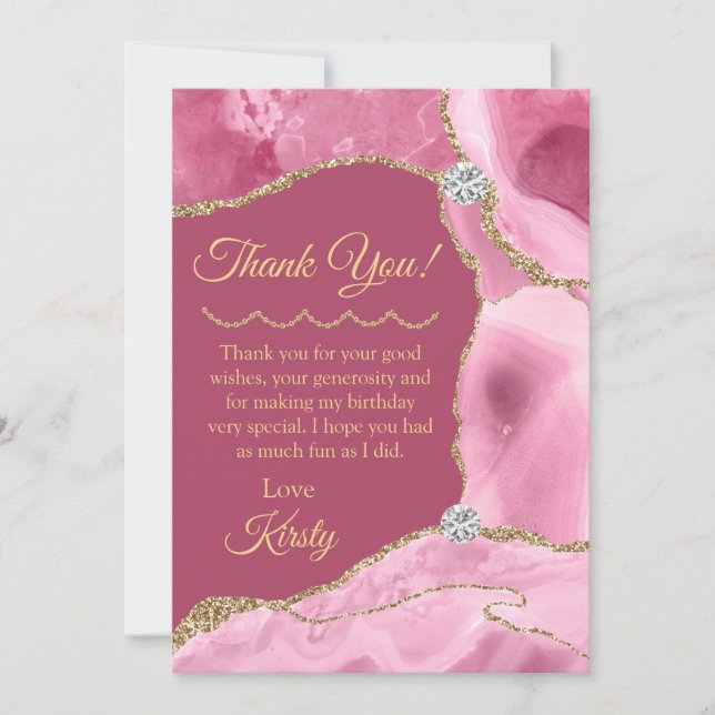 Tarjeta De Agradecimiento Cumpleaños de los Purpurinas rosados y de oro (Anverso)
