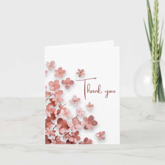 Tarjeta De Agradecimiento Cumpleaños de mujer con flores de purpurina rosa (Anverso)