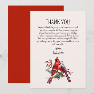 Tarjeta De Agradecimiento Cumpleaños de mujeres pájaros cardenales rojos