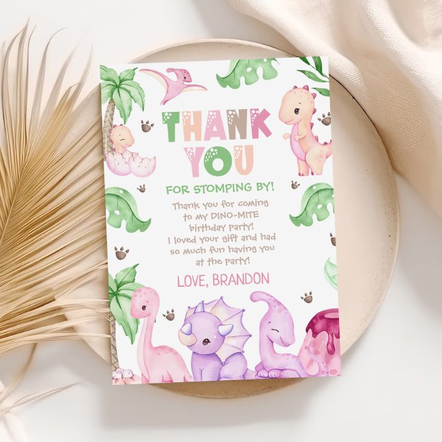 Tarjeta De Agradecimiento Cumpleaños de niña con dinosaurio acuarela (Subido por el creador)