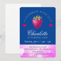 Cumpleaños de niña con fresa Rosa y azul oscuro