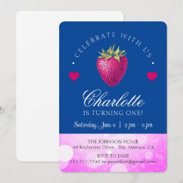 Tarjeta De Agradecimiento Cumpleaños de niña con fresa Rosa y azul oscuro