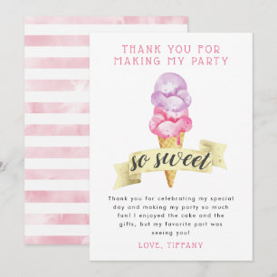 Tarjeta De Agradecimiento Cumpleaños de niña con helado rosa