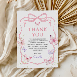 Tarjeta De Agradecimiento Cumpleaños de niña con lazo mariposa rosa púrpura