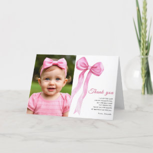 Tarjeta De Agradecimiento Cumpleaños de niña con lazo rosa acuarela gracias