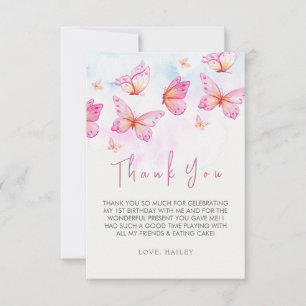Tarjeta De Agradecimiento Cumpleaños de niña con mariposa en acuarela elegan