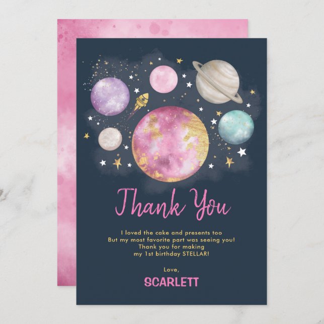 Tarjeta De Agradecimiento Cumpleaños de niña de galaxia del espacio exterior (Anverso / Reverso)
