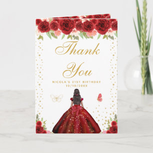 Tarjeta De Agradecimiento Cumpleaños de niña de piel oscura floral roja