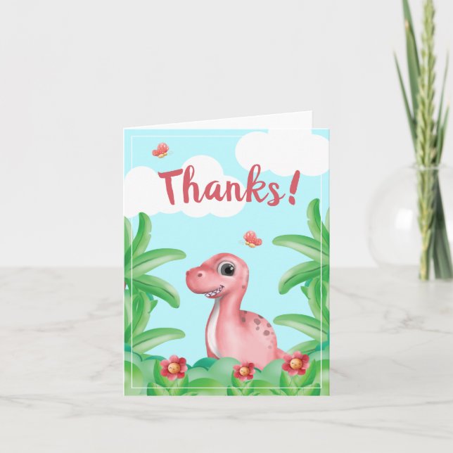 Tarjeta De Agradecimiento Cumpleaños de niña dinosaurio (Anverso)