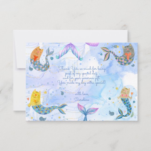Tarjeta De Agradecimiento Cumpleaños de niña gato sirena acuarela (Anverso)
