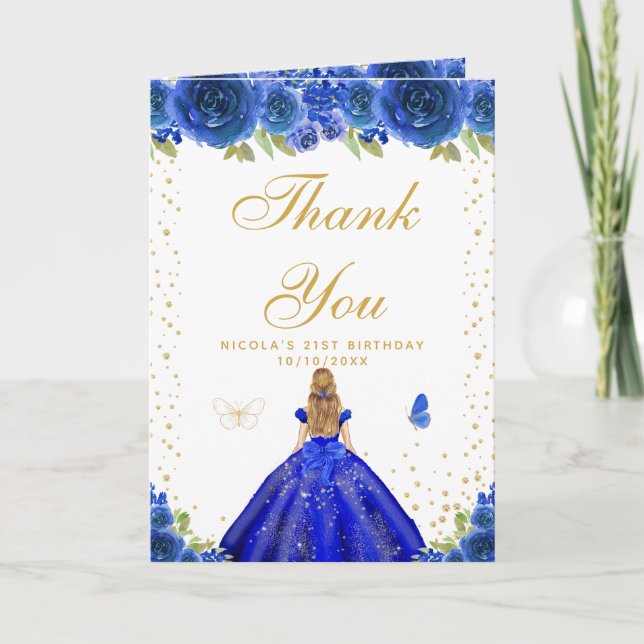 Tarjeta De Agradecimiento Cumpleaños de niña rubia con flores azules (Anverso)