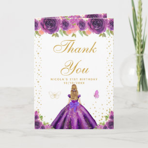 Tarjeta De Agradecimiento Cumpleaños de niña rubia con flores moradas
