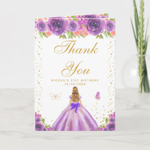 Tarjeta De Agradecimiento Cumpleaños de niña rubia con flores moradas