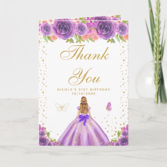 Tarjeta De Agradecimiento Cumpleaños de niña rubia con flores moradas (Anverso)