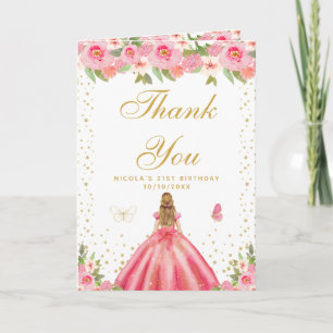 Tarjeta De Agradecimiento Cumpleaños de niña rubia con flores rosadas