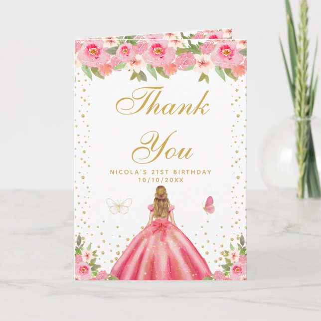 Tarjeta De Agradecimiento Cumpleaños de niña rubia con flores rosadas (Anverso)