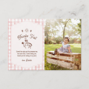 Tarjeta De Agradecimiento Cumpleaños de niña vaquera vintage en gingham 