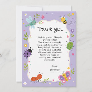 Tarjeta De Agradecimiento Cumpleaños de niñas con insectos lindos púrpura