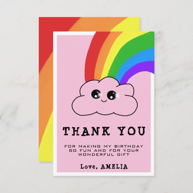 Tarjeta De Agradecimiento Cumpleaños de Niñas Kawaii Nube Arcoíris Rosa (Anverso / Reverso)