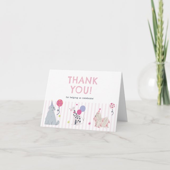 Tarjeta De Agradecimiento Cumpleaños de niñas lindas con perro pastel Let's  (Anverso)