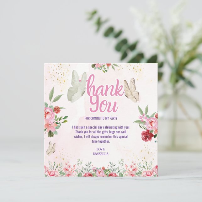 Tarjeta De Agradecimiento Cumpleaños de niñas lindas mariposas rosa púrpura (Anverso de pie)