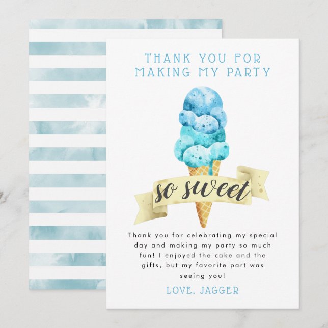 Tarjeta De Agradecimiento Cumpleaños de Niño con Helado Azul (Anverso / Reverso)