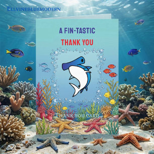 Tarjeta De Agradecimiento Cumpleaños de niño con tiburón martillo azul chic 