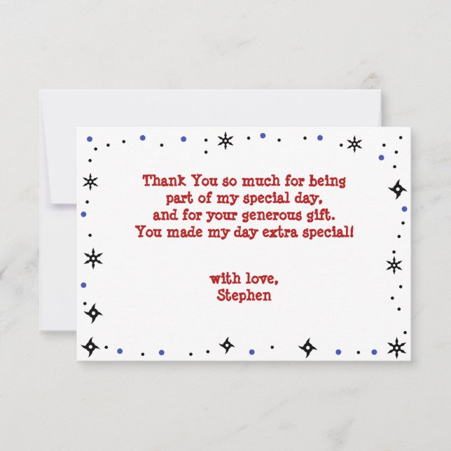 Tarjeta De Agradecimiento Cumpleaños de niños al estilo ninja (Anverso)