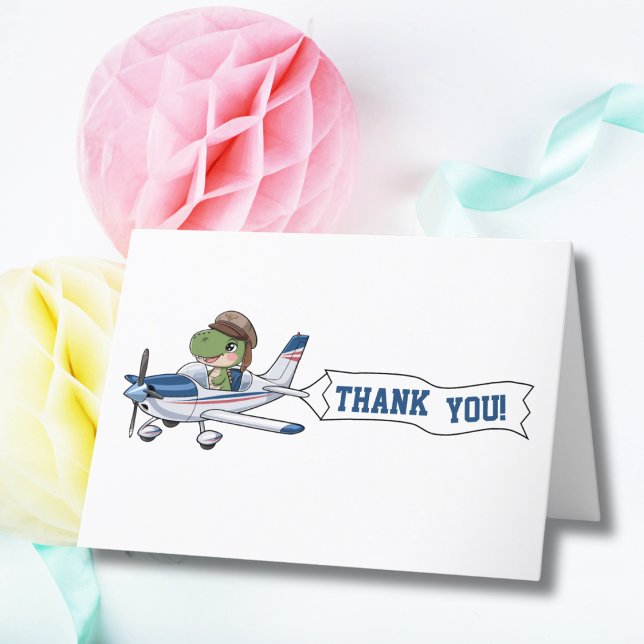 Tarjeta De Agradecimiento Cumpleaños de niños con avión blanco azul y dinosa (Subido por el creador)