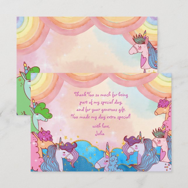 Tarjeta De Agradecimiento Cumpleaños de niños Pastel Unicornio Arcoíris (Anverso / Reverso)