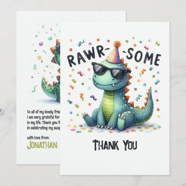 Tarjeta De Agradecimiento Cumpleaños de niños “Rawr-some” Dinosaurio lindo (Anverso / Reverso)