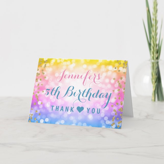 Tarjeta De Agradecimiento Cumpleaños de niños Unicornio Arcoíris de agradeci (Anverso)