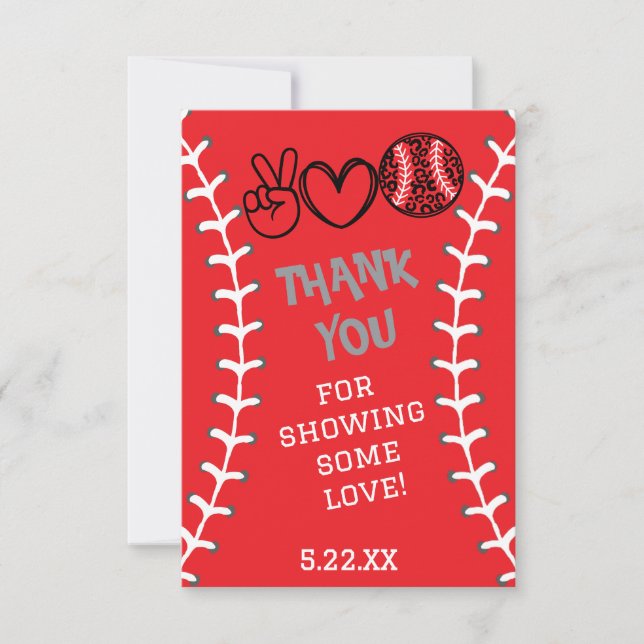 Tarjeta De Agradecimiento Cumpleaños de Paz Amor Softbol (Anverso)
